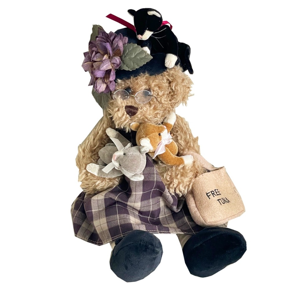Bearington Collection Bear Holding Cats 15" Retired Vintage